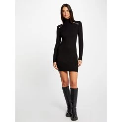 Robe Pull Ajustée Col Roulé Uni Noir Femme - Morgan